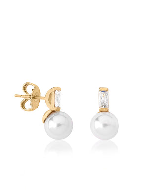 Sterling Silver Gold Plated Earrings, for Women with Short Post and Organic Pearl, 8mm Round White Pearl and Zircon, Selene   Collection