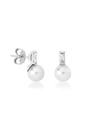 Sterling Silver Rhodium Plated Earrings, for Women with Short Post and Organic Pearl, 8mm Round White Pearl and Zircon, Selene   Collection