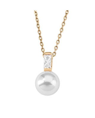 Sterling Silver Gold Plated Pendant Necklace for Women with White Round Pearl and Zirconia, 10mm Round Pearl, 18.9" Chain Length, Selene   Collection