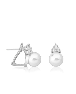 Sterling Silver Rhodium Plated Omega With Earrings, for Women with Short Post and Organic Pearl, 10mm Round White Pearl and Zircon, Selene   Collection