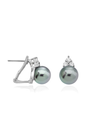 Sterling Silver Rhodium Plated Short Omega Earrings, for Women with Post and Organic Pearl, 10mm Round Grey Pearl and Zircon, Selene   Collection