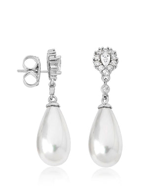 Sterling Silver Rhodium Plated Earrings, for Women with Short Post and Organic Pearl, 20x12mm Pear White Pearl and Zircon, Exquisite Collection