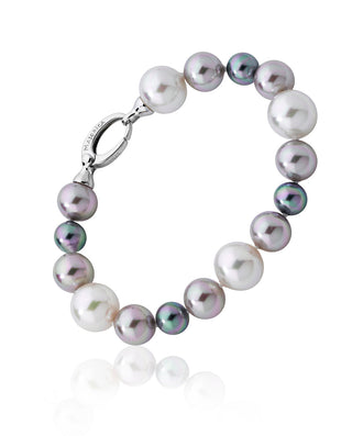 Sterling Silver Rhodium Plated Bracelet for Women with Organic Pearl, 8/12mm Round White/Grey/Nuage Pearl, 7.8" Length, Estela Collection