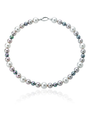 Sterling Silver Rhodium Plated Necklace for Women with Organic Pearl, 8/12mm Round White/Grey/Nuage Pearl, 18.1" Length, Estela Collection