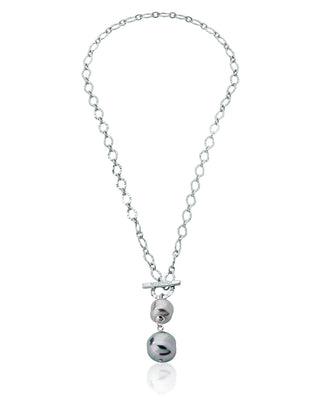 Sterling Silver Rhodium Plated Short Chained Necklace for Women with Baroque Grey and Nuage Pearls, 12/16mm Pearls, 18.9" Chain Length, Tender Collection