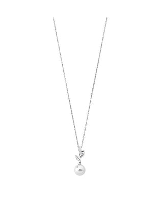Sterling Silver Rhodium Plated Pendant Necklace for Women with White Round Pearl and Zirconia, 10mm Round Pearl, 18.9" Chain Length, Selene   Collection