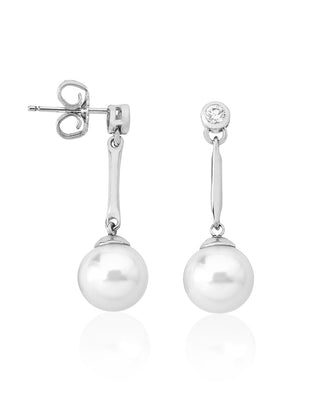 Sterling Silver Rhodium Plated Earrings, for Women with Short Post and Organic Pearl, 10mm Round White Pearl and Zircon, Selene   Collection