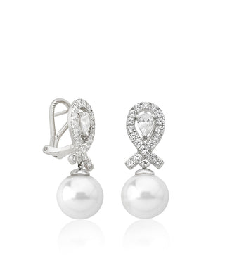 Sterling Silver Rhodium Plated Omega Short Earrings, for Women with Post and Organic Pearl, 12mm Round White Pearl and Zircon, Exquisite Collection