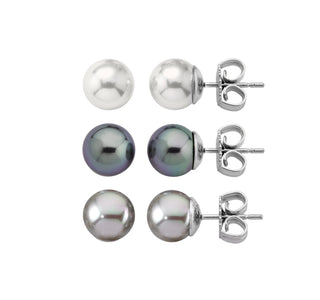 Sterling Silver Rhodium Plated 3 Piece Earrings Set for Women with Organic Pearl, 8mm Round Rose/White/Grey/Nuage Pearl, Lyra Collection