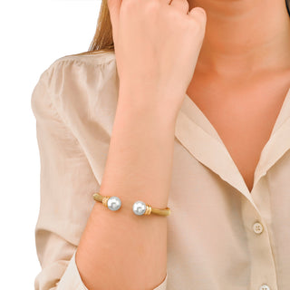 Stainless Steel Gold Plated Bangle Bracelet for Women with Organic Pearl, 12mm Round White Pearl, Tender Collection