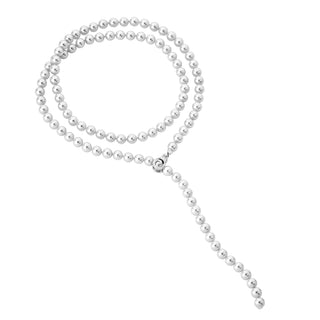 Sterling Silver Rhodium Plated Necklace with Adjustable Clasp for Women with Organic Pearl, 8mm Round White Pearl, 35.4" Length, Jour Collection