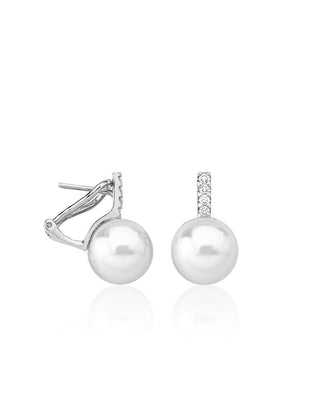 Sterling Silver Rhodium Plated Post Earrings for Women with Organic Pearl, 10mm Round White Pearl and Cubic Zirconia, Selene   Collection