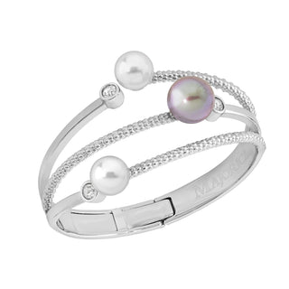 Sterling Silver Rhodium Plated Bangle Bracelet for Women with Organic Pearl, 10/12mm Round White/Grey Pearl and Cubic Zirconia, Planet Collection