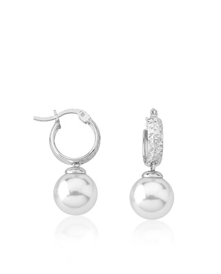 Sterling Silver Rhodium Plated Long Earrings for Women With Hook Clasp and Organic Pearl, 10mm Round White Pearl, Chara Collection