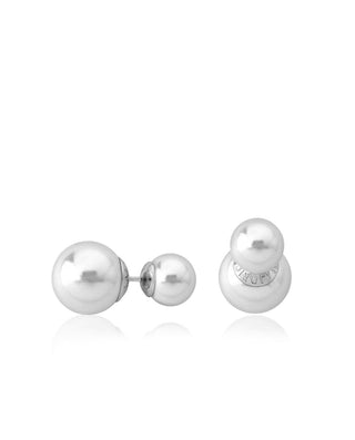 Sterling Silver Rhodium Plated Earrings for Women with Organic Pearl, 8/12mm Round White Double Pearl, Polar Collection