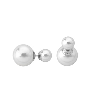 Sterling Silver Rhodium Plated Double Pearl Stud Earrings, for Women with Post and Organic Pearl, 8/14mm Round White and Grey Pearl, Polar Collection