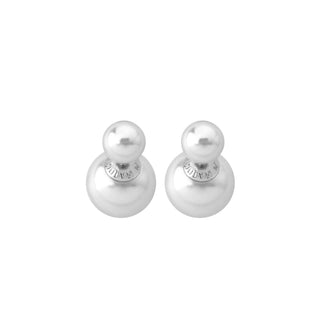 Sterling Silver Rhodium Plated Double Pearl Stud Earrings, for Women with Post and Organic Pearl, 8/14mm Round White and Grey Pearl, Polar Collection