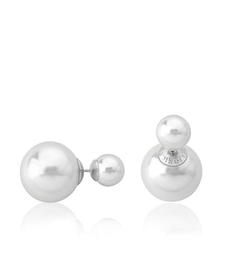 Sterling Silver Rhodium Plated Double Pearl Stud Earrings, for Women with Post and Organic Pearl, 8/16mm Round White Pearl, Polar Collection