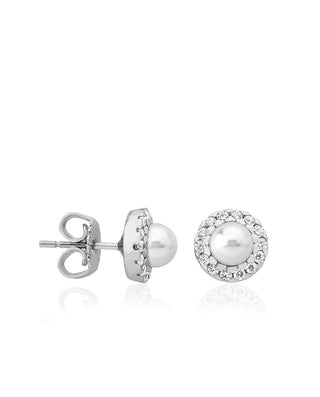 Sterling Silver Rhodium Plated Post Earrings for Women with Organic Pearl, 5mm Round White Pearl and Cubic Zirconia, Cometa Collection