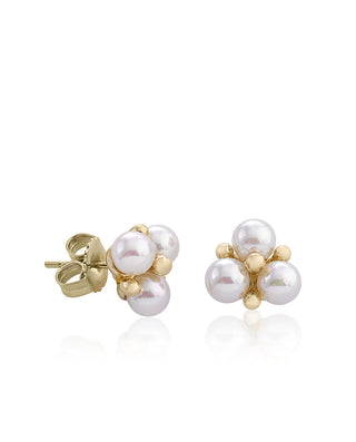Sterling Silver Gold Plated Short Earrings, for Women with Post and Organic Pearl, 5mm Round White Pearl, Vega Collection