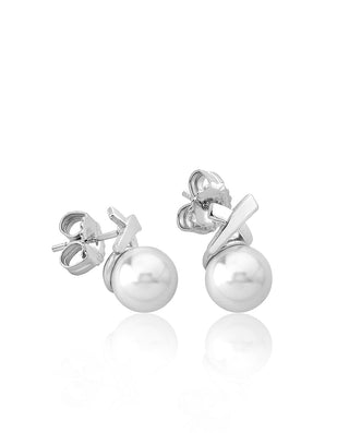 Sterling Silver Rhodium Plated Earrings for Women with Post Clasp and Organic Pearl, 8mm Round White Pearl, Vega Collection