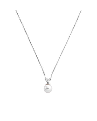 Metal Rhodium Plated Pendant Chain Necklace for Women with White Round Pearl and Zircons, 8mm Pearl, Selene Collection