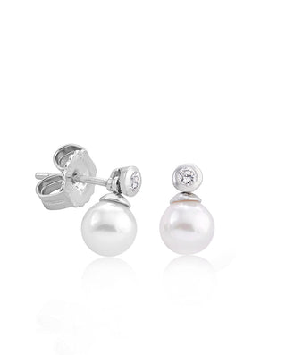 Sterling Silver Rhodium Plated Short Earrings, for Women with Post and Organic Pearl, 6mm Round White Pearl and Zircon, Selene   Collection