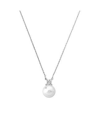 Rhodium Plated Short Necklace for Women with 12mm White Round Pearl and Zircons, 16.5" Length, Selene Collection