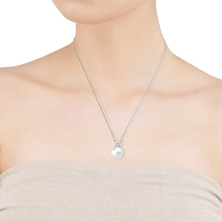 Rhodium Plated Short Necklace for Women with 12mm White Round Pearl and Zircons, 16.5" Length, Selene Collection