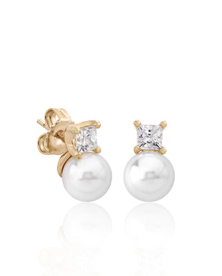 Sterling Silver Gold Plated Earrings for Women with Post and Organic Pearl, 8mm Round White Pearl and Cubic Zirconia, Selene Collection