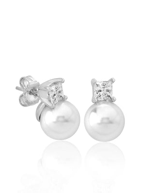 Sterling Silver Rhodium Plated Earrings for Women with Post and Organic Pearl, 10mm Round White Pearl and Cubic Zirconia, Selene   Collection