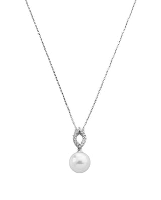 Rhodium Plated Short Necklace for Women with 12mm White Round Pearl and Zircons, 12mm Pearl, 16.5" Length, Lilit Collection