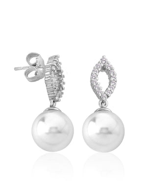Sterling Silver Rhodium Plated Short Earrings, for Women with Post and Organic Pearl, 11mm Round White Pearl and Zircon, Lilit Collection