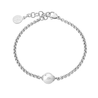 Steel Rhodium Plated Bracelet for Women with Organic Pearl, 8mm Round White Pearl, 6.5" Length, Nuada Collection