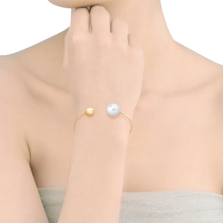 Steel Titanium Gold Plated Bracelet for Women with Organic Pearl, 14mm Round White Pearl, 23" Diameter, Aura Collection