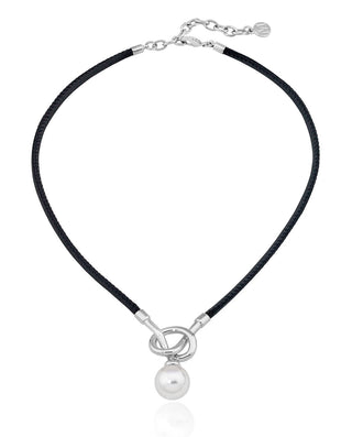 Sterling Silver Rhodium Plated Black Leather Choker Necklace for Women with White Round Pearl, 14mm Pearl, 14.5"/16.5" Chain Length, Sicilia Collection