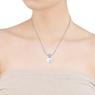 Sterling Silver Rhodium Plated Necklace for Women with Organic Pearl, 12mm Round White Pearl and Cubic Zirconia, 14.5/16.5" Length, Exquisite Collection