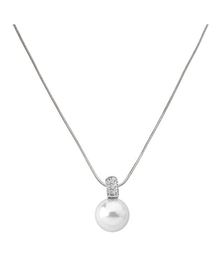 Sterling Silver Rhodium Plated Necklace for Women with Organic Pearl, 12mm Round White Pearl and Cubic Zirconia, 14.5/16.5" Length, Exquisite Collection