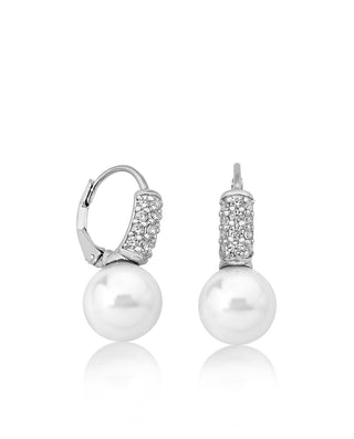 Sterling Silver Rhodium Plated Earrings for Women with French Clasp and Organic Pearl, 11mm Round White Pearl and Cubic Zirconia, Exquisite Collection