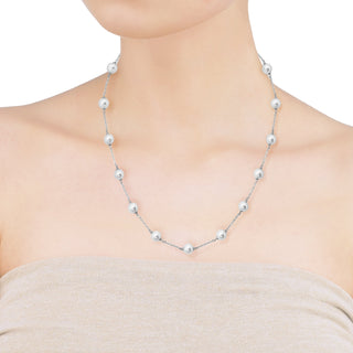 Sterling Silver Rhodium-Plated Chained Necklace for Women with 8mm Round White Pearls, 18-20" Necklace Length, Illusion Collection