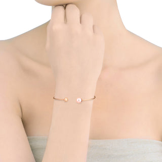 Steel Titanium Rose Gold Plated Bracelet for Women with Organic Pearl and Stainless Steel Ball, 8mm Round Pink Pearl, 20" Diameter, Aura Collection