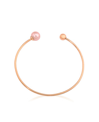 Steel Titanium Rose Gold Plated Bracelet for Women with Organic Pearl and Stainless Steel Ball, 8mm Round Pink Pearl, 20" Diameter, Aura Collection