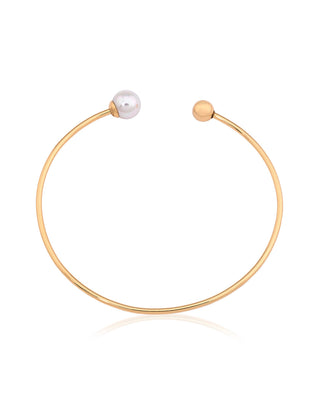 Steel Titanium Gold Plated Bracelet for Women with Organic Pearl and Stainless Steel Ball, 8mm Round White Pearl, 23" Diameter, Aura Collection