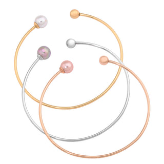 Set 3 of Bracelets 2"x 2" Titanium Rhodium, Gold and Rose Gold Plated, 8mm Round Nuage, White and Pink Pearls and Stainless Steel ball, Aura Collection
