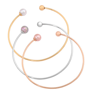Set 3 of Bracelets 2.3"x 2.3" Titanium Rhodium, Gold and Rose Gold Plated, 8mm Round Nuage, White and Pink Pearls and Stainless Steel ball, Aura Collection