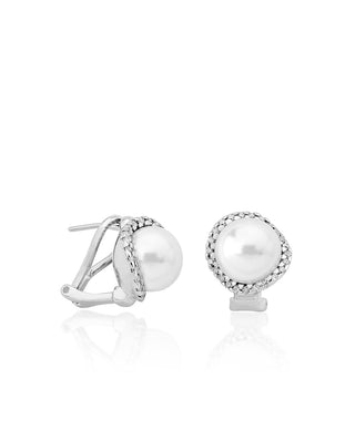 Sterling Silver Rhodium Plated Earrings for Women with Omega Post and Organic Pearl, 10mm Round Flat White Pearl and Cubic Zirconia, Exquisite Collection