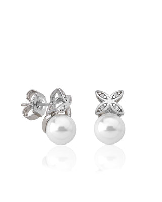 Sterling Silver Rhodium Plated Short Earrings, for Women with Post and Organic Pearl, 8mm Round White Pearls and Cubic Zirconia, Romance Collection