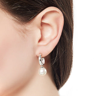 Sterling Silver Rhodium Plated Earrings for Women with Post and Organic Pearl, 10mm Round White Pearl, Chara Collection