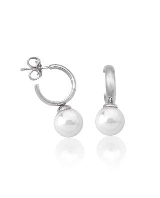 Sterling Silver Rhodium Plated Earrings for Women with Post and Organic Pearl, 10mm Round White Pearl, Chara Collection