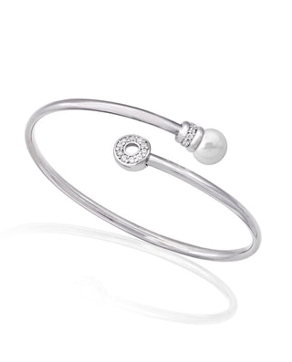 Sterling Silver Rhodium Plated Bangle Bracelet for Women with Organic Pearl, 8mm Round White Pearl and Cubic Zirconia, 46x58mm Length, Alina Collection